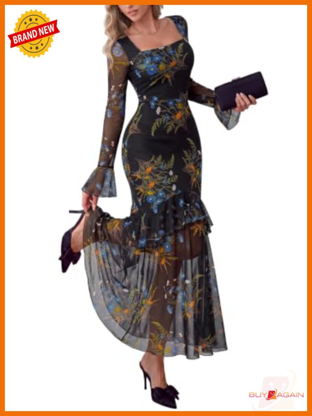 PRETTYGARDEN Womens Floral Mesh Long Sleeve Maxi Dress Square Neck